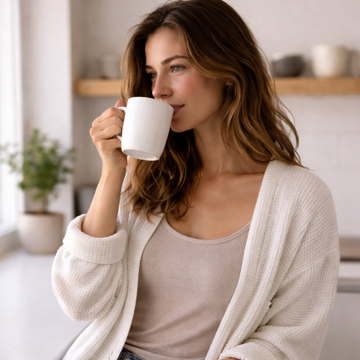 Frau, die entspannt morgens einen Kaffee trinkt 