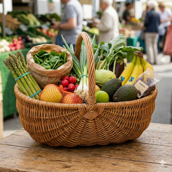 Korb mit verschiedenen saisonalen und regionalen Produkten