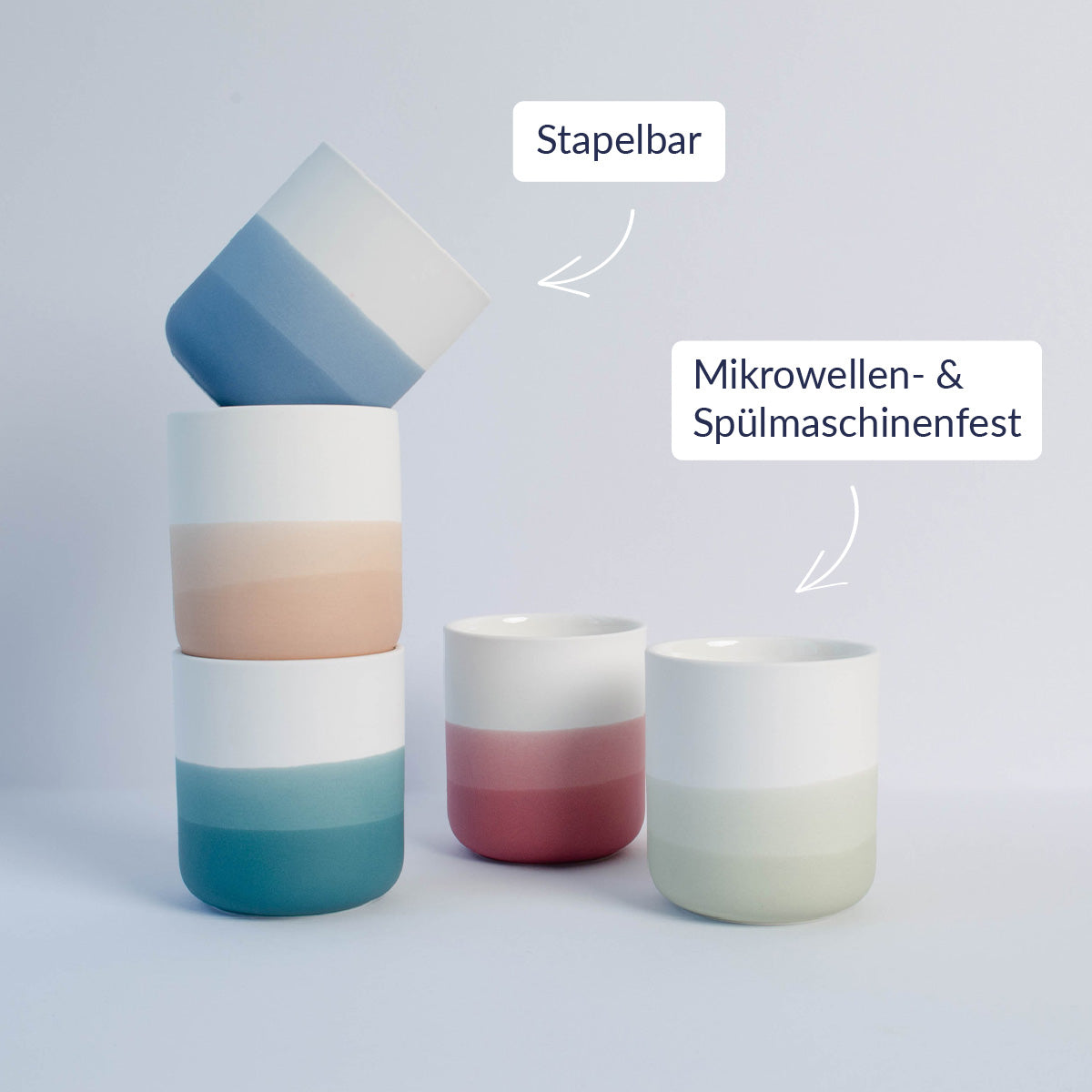 Porzellan Becher in fünf Farben mit USPs