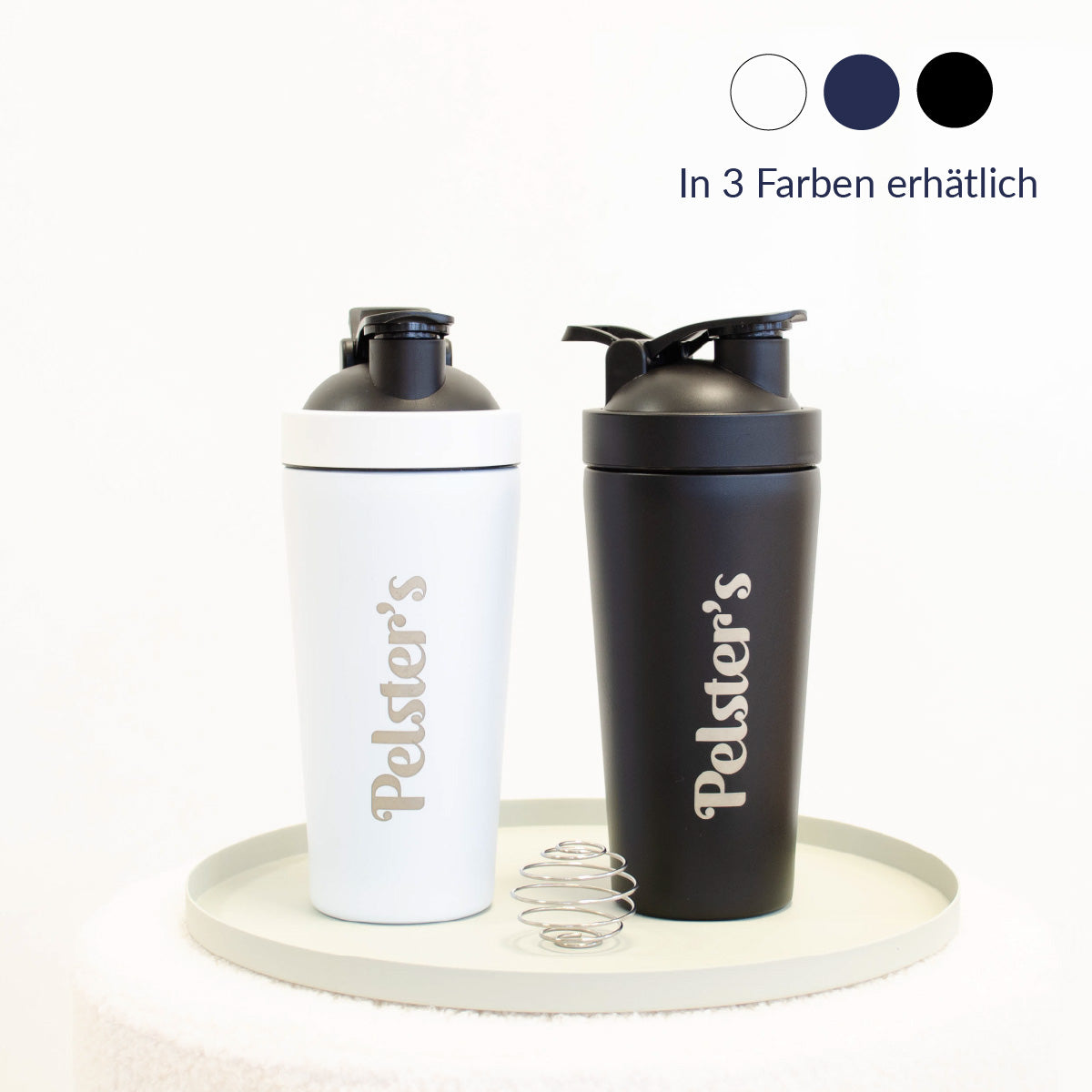Edelstahlshaker in schwarz und weiß mit Edelstahlkugel 