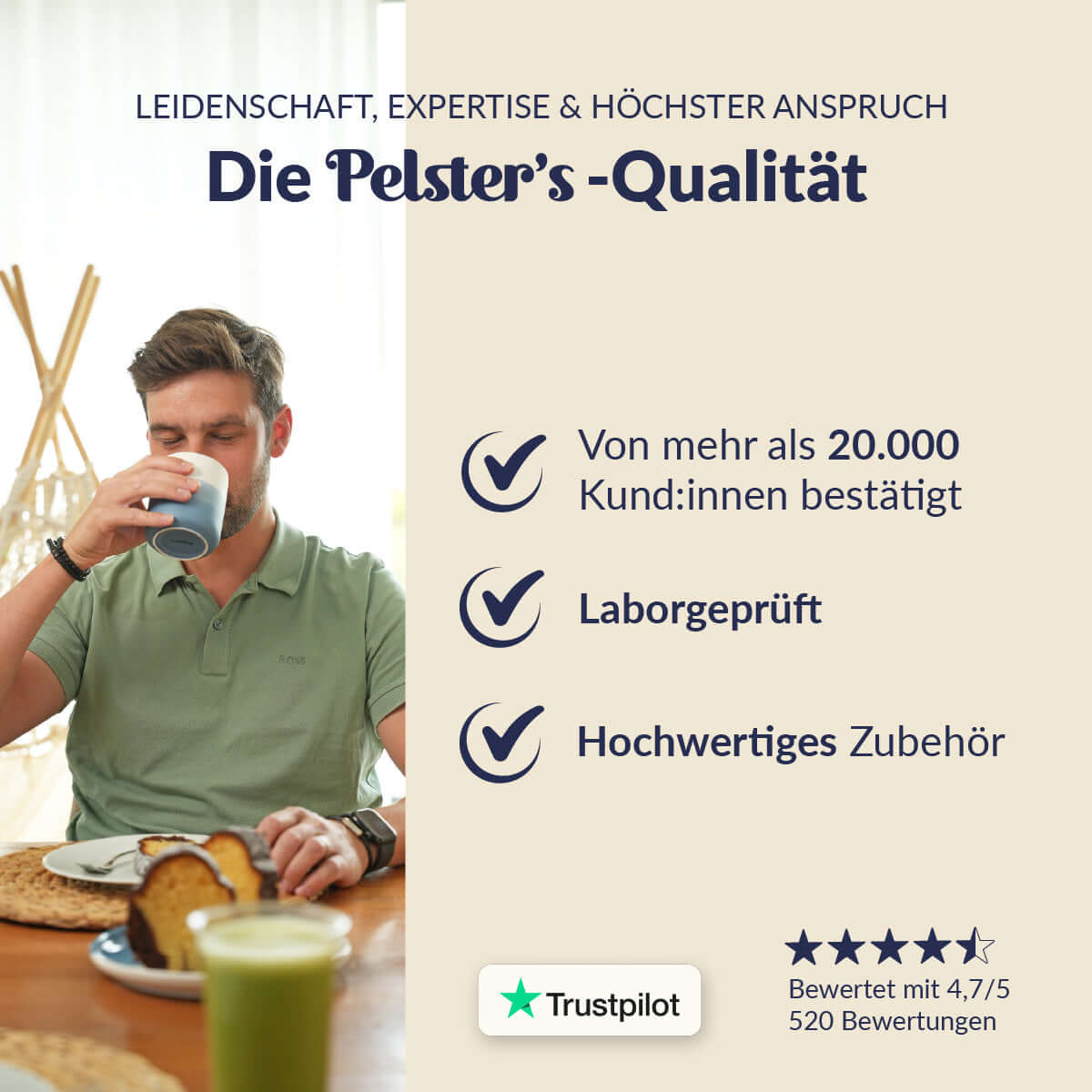 Mann genießt sein Getränk mit Ombré Frühstücksset aus Porzellan und zeigt Vertrauen in die Pelster's-Qualität.