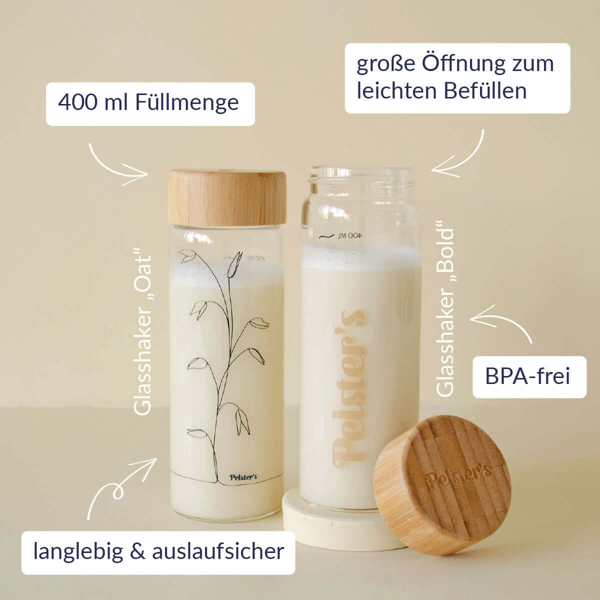 Hochwertiger Glasshaker - Produktansicht mit Design "Oat" und "Bold", BPA-frei, 400 ml Füllmenge
