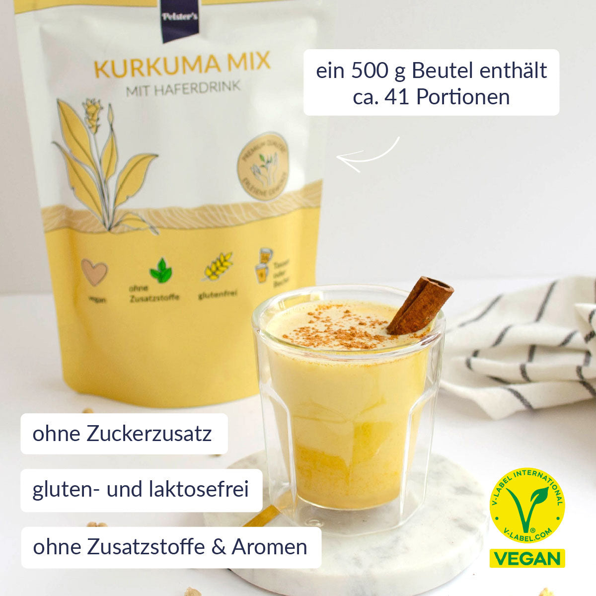 Kurkuma Mix mit Haferdrink zubereitet im Glas mit USPs 